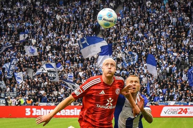 15.09.2024, xlakx, Fussball 2.Bundesliga, Hertha BSC Berlin - Fortuna Duesseldorf emspor, v.l. Valgeir Lunddal Fridriksson (Fortuna Düsseldorf 12),Jon Dagur Thorsteinsson(Hertha BSC),Zweikampf, Duell, Kampf, tackle (DFL DFB REGULATIONS PROHIBIT ANY USE OF PHOTOGRAPHS as IMAGE SEQUENCES and or QUASI-VIDEO)Daniel Lakomski Jan Huebnert Berlin