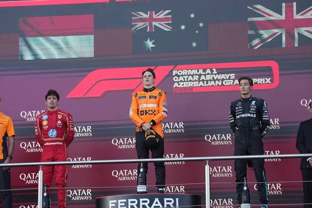 15.09.2024, Baku City Circuit , Baku, FORMULA 1 QATAR AIRWAYS AZERBAIJAN GRAND PRIX 2024 ,im Bild Sieger Oscar Piastri (AUS), McLaren F1 Team, 2.Platz für Charles Leclerc (MCO), Scuderia Ferrari HP, 3.Platz für George Russell (GBR), Mercedes-AMG Petronas Formula One Team. Defodi-506_20240915_hbr_2311