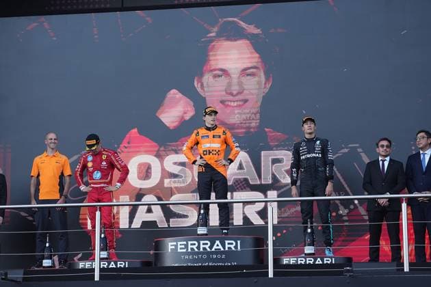 FORMULA 1 QATAR AIRWAYS AZERBAIJAN GRAND PRIX 2024 15.09.2024, Baku City Circuit , Baku, FORMULA 1 QATAR AIRWAYS AZERBAIJAN GRAND PRIX 2024 ,im Bild Sieger Oscar Piastri (AUS), McLaren F1 Team, 2.Platz für Charles Leclerc (MCO), Scuderia Ferrari HP, 3.Platz für George Russell (GBR), Mercedes-AMG Petronas Formula One Team.