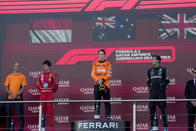 FORMULA 1 QATAR AIRWAYS AZERBAIJAN GRAND PRIX 2024 15.09.2024, Baku City Circuit , Baku, FORMULA 1 QATAR AIRWAYS AZERBAIJAN GRAND PRIX 2024 ,im Bild Sieger Oscar Piastri (AUS), McLaren F1 Team, 2.Platz für Charles Leclerc (MCO), Scuderia Ferrari HP, 3.Platz für George Russell (GBR), Mercedes-AMG Petronas Formula One Team.