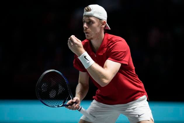 Tennis, Davis Cup, GroÃŸbritannien - Kanada 15th September 2024; AO Arena, Manchester, England; Davis Cup Finals, Group Stage, Group D Day 6; Denis Shapovalov of Canada blows on his hand to cools down during his match against Daniel Evans of Great Britain  ActionPlus12693161 StevenxFlynn