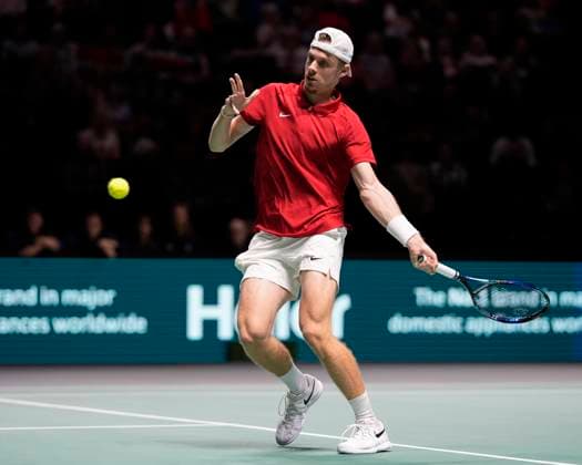 Tennis, Davis Cup, GroÃŸbritannien - Kanada 15th September 2024; AO Arena, Manchester, England; Davis Cup Finals, Group Stage, Group D Day 6; Denis Shapovalov of Canada plays a forehand shot  ActionPlus12693174 StevenxFlynn
