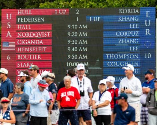 September 15, 2024, Gainesville, Va, USA: A scoreboard error incorrectly shows the European players as Team USA, and the USA players as Team Europe during the singles matches on day three of the 2024 Solheim Cup. Gainesville USA - ZUMAb237 20240915_znp_b237_021 Copyright: xRobertxBlakleyx