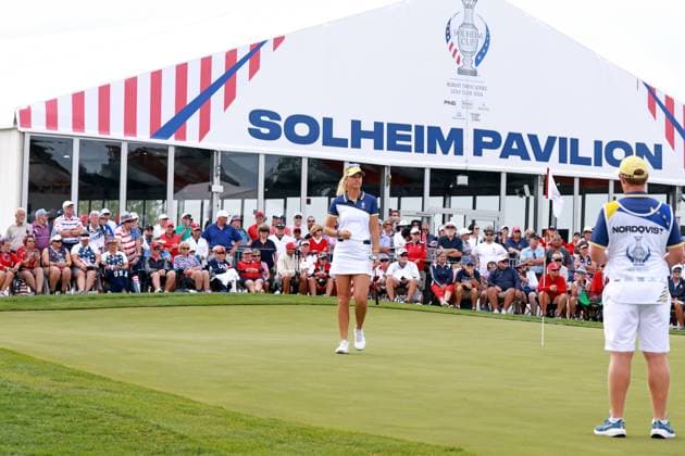 GAINESVILLE, VA - SEPTEMBER 15: Team Europe golfer Anna Nordqvist putts on the 3rd hole during the Sunday Singles at the 2024 Solheim Cup on September 15, 2024, at the Robert Trent Jones Golf Club in Gainesville, Virginia. (Photo by Brian Spurlock Icon Sportswire) GOLF: SEP 15 Solheim Cup EDITORIAL USE ONLY Icon24091524