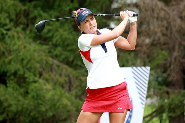 GAINESVILLE, VA - SEPTEMBER 15: Team USA golfer Lexi Thompson plays her tee shot on the 3rd hole during the Sunday Singles at the 2024 Solheim Cup on September 15, 2024, at the Robert Trent Jones Golf Club in Gainesville, Virginia. (Photo by Brian Spurlock Icon Sportswire) GOLF: SEP 15 Solheim Cup EDITORIAL USE ONLY Icon24091534