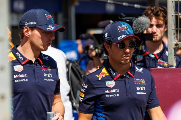 15th September 2024; Baku City Circuit, Baku, Azerbaijan; Formula 1 Azerbaijan Grand Prix 2024; Race Day; Max Verstappen and Sergio Perez before the driver parade at the Azerbaijan Formula 1  ActionPlus12693304 StephenxBlackberry