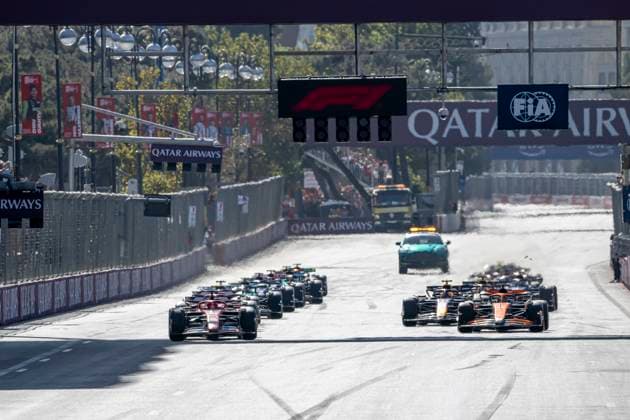 Baku - 15-09-2024, Baku City Circuit, Oscar Piastri, George Russell and Charles Leclerc at the Formula 1 Azerbaijan Grand Prix 2024 Sunday Formula 1 Azerbaijan Grand Prix 2024 Sunday  x26269963x Copyright: