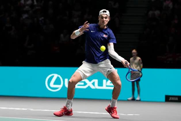 15th September 2024; AO Arena, Manchester, England; Davis Cup Finals, Group Stage, Group D Day 6; Jack Draper of Great Britain plays a forehand shot  ActionPlus12693625 StevenxFlynn