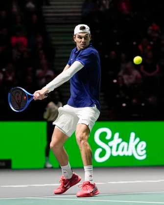15th September 2024; AO Arena, Manchester, England; Davis Cup Finals, Group Stage, Group D Day 6; Jack Draper of Great Britain plays a backhand shot  ActionPlus12693627 StevenxFlynn