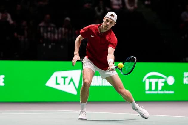15th September 2024; AO Arena, Manchester, England; Davis Cup Finals, Group Stage, Group D Day 6; Denis Shapovalov of Canada plays a forehand shot  ActionPlus12693659 StevenxFlynn