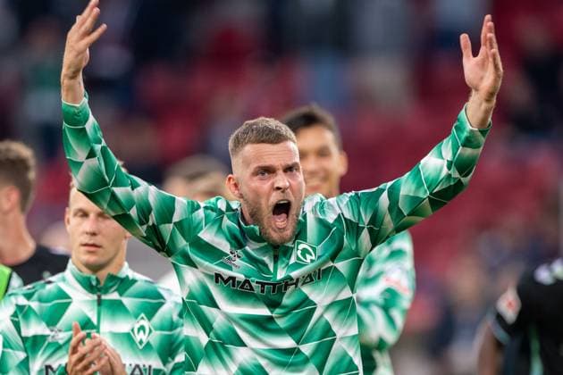 Schlussjubel Bremen, v.l. , Marco GRUELL (Grüll, HB) , Marvin DUCKSCH (HB) 1.FSV Mainz 05 (MZ) - SV Werder Bremen (HB) 1-2 Fussball 1. Bundesliga Saison 2024 2025, 3.Spieltag, Spieltag3, am 16.03.2024, MEWA Arena Mainz. Â