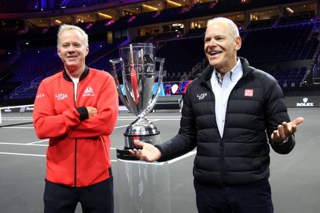 Sport Themen der Woche KW38 Sport Bilder des Tages DEU, Tennis, Laver Cup in Berlin, 16.09.2024, Uber-Arena, Berlin, DEU, Tennis, Laver Cup in Berlin, im Bild Laver Cup CEO Steve Zacks, Team World Vice Captain Patrick McEnroe, Foto: Juergen Engler nordphoto GmbH *** DEU, Tennis, Laver Cup in Berlin, 16 09 2024, Uber Arena, Berlin, DEU, Tennis, Laver Cup in Berlin, in the picture Laver Cup CEO Steve Zacks, Team World Vice Captain Patrick McEnroe, photo Juergen Engler nordphoto GmbH nordphotoxGmbHx xEngler nph00076