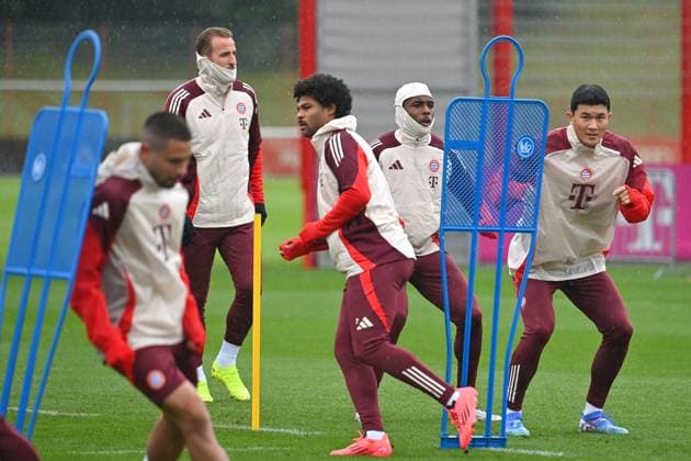 hi.v.li:Harry KANE (Bayern Muenchen), Serge GNABRY (FC Bayern Muenchen), Leroy SANE (Bayern Muenchen), Minjae KIM (FC Bayern Muenchen),Aktion. Abschlusstraining, Training am 16.09.2024 Fussball Champions League , FC Bayern Muenchen - GNK Dinamo Zagreb
