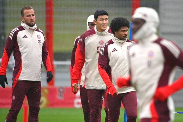 v.li:Harry KANE (Bayern Muenchen), Minjae KIM (FC Bayern Muenchen), Serge GNABRY (FC Bayern Muenchen). Abschlusstraining, Training am 16.09.2024 Fussball Champions League , FC Bayern Muenchen - GNK Dinamo Zagreb