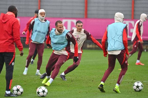 v.li:Leroy SANE (Bayern Muenchen), Harry KANE (Bayern Muenchen),Joao PALHINHA (Bayern Muenchen),Aktion, Abschlusstraining, Training am 16.09.2024 Fussball Champions League , FC Bayern Muenchen - GNK Dinamo Zagreb