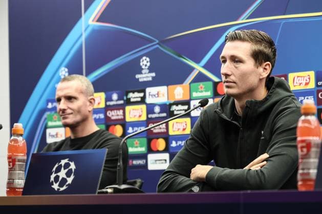 Club s head coach Nicky Hayen and Club s Hans Vanaken pictured during a press conference, PK, Pressekonferenz of Belgian soccer team Club Brugge KV, Tuesday 17 September 2024 in Knokke-Heist. The team is preparing for tomorrow s game against German Borussia Dortmund, on the opening day of the UEFA Champions League league phase. BRUNOxFAHY  x100817477x