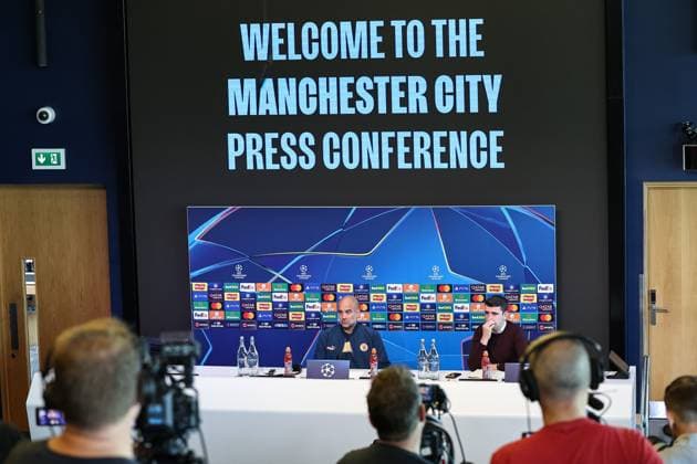 UEFA Champions League Manchester City v Inter Milan press conference, PK, Pressekonferenz Pep Guardiola manager of Manchester City speaks in the pre-match press conference during the UEFA Champions League Manchester City v Inter Milan Press conference at Etihad Stadium, Manchester, United Kingdom, 17th September 2024 (Photo by Mark Cosgrove News Images) Manchester Etihad Stadium Manchester United, ManU Kingdom Copyright: xMarkxCosgrove NewsxImagesx