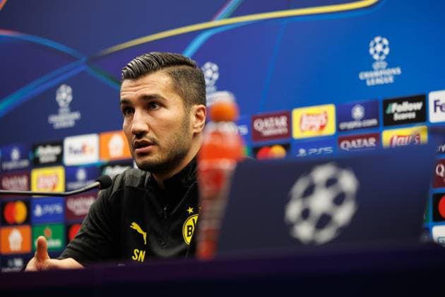 Borussia s head coach Nuri Sahin pictured during a press conference, PK, Pressekonferenz of German soccer team Borussia Dortmund, Tuesday 17 September 2024 in Brugge. The team is preparing for tomorrow s game against Belgian Club Brugge KV, on the opening day of the UEFA Champions League league phase. KURTxDESPLENTER  x100835989x