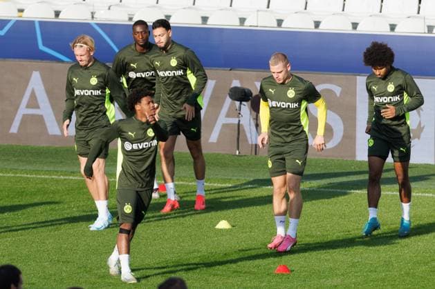 Borussia s players pictured in action during a training session of German soccer team Borussia Dortmund, Tuesday 17 September 2024 in Brugge. The team is preparing for tomorrow s game against Belgian Club Brugge KV, on the opening day of the UEFA Champions League league phase. KURTxDESPLENTER  x100838668x