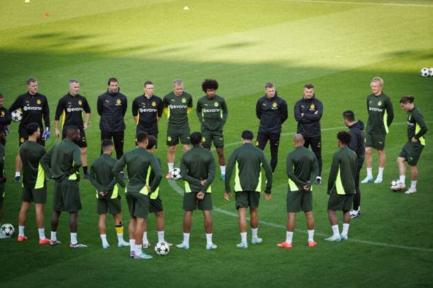 Borussia s players pictured during a training session of German soccer team Borussia Dortmund, Tuesday 17 September 2024 in Brugge. The team is preparing for tomorrow s game against Belgian Club Brugge KV, on the opening day of the UEFA Champions League league phase. KURTxDESPLENTER  x100838689x