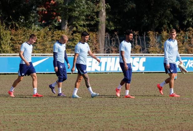 Gustav Christensen, Jón Dagur Thorsteinsson, Kevin Sessa, Jeremy Dudziak, Florian Niederlechner, Deutschland, Berlin, Sportpark, Fussball, Herren, Saison 2024 2025, 2. Bundesliga, Hertha BSC, Training