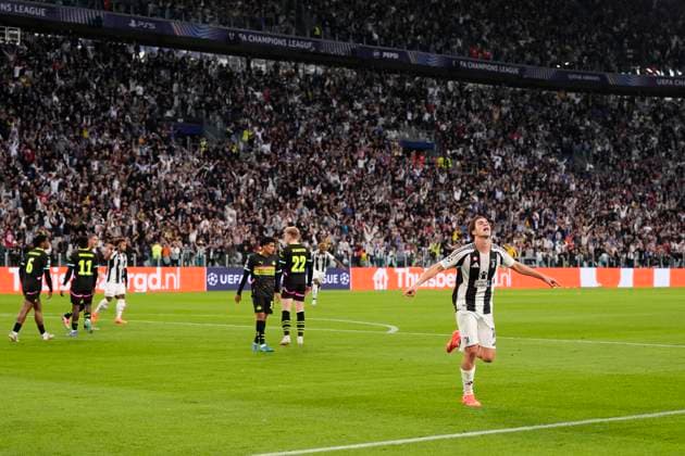 Juventus& x2019; Kenan Yildiz celebrates after scoring the opening goal during the Uefa Champions League soccer match between Juventus Fc and PSV Eindhoven at the Juventus stadium in Turin, north west Italy - September 17, 2024. - Soccer .  Copyright: xFabioxFerrari LaPressex