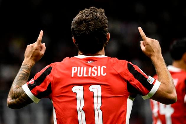 Christian Pulisic of AC Milan celebrates after scoring the goal of 1-0 during the UEFA Champions League 2024 205 football match between AC Milan and Liverpool FC at San Siro stadium in Milano (Italy), September 17, 2024. AndreaxStaccioli