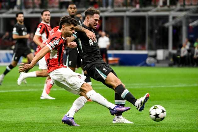 Christian Pulisic of AC Milan scores the goal of 1-0 during the UEFA Champions League 2024 205 football match between AC Milan and Liverpool FC at San Siro stadium in Milano (Italy), September 17, 2024. AndreaxStaccioli