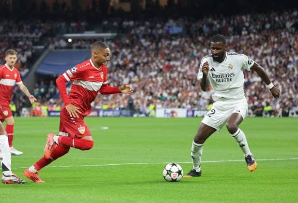 Enzo Millot (VfB Stuttgart 8), Antonio Ruediger (Real Madrid 22), ESP, Real Madrid vs. VfB Stuttgart, Championsleague, Fussball, 1. Runde, Saison 2024 25, 17.09.2024, ESP, Real Madrid vs. VfB Stuttgart, Champions League, Fussball, 1. Spieltag, Saison 2024 25, 17.09.2024 Madrid Copyright: xEibner-Pressefoto joergxNiebergax EP_JNL