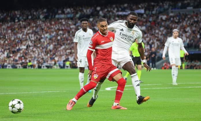 Enzo Millot (VfB Stuttgart 8), Antonio Ruediger (Real Madrid 22), ESP, Real Madrid vs. VfB Stuttgart, Championsleague, Fussball, 1. Runde, Saison 2024 25, 17.09.2024, ESP, Real Madrid vs. VfB Stuttgart, Champions League, Fussball, 1. Spieltag, Saison 2024 25, 17.09.2024 Madrid Copyright: xEibner-Pressefoto joergxNiebergax EP_JNL