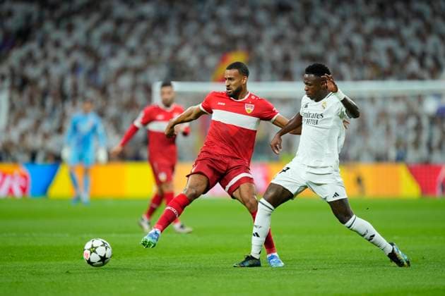 Real Madrid C.F. v VfB Stuttgart - UEFA Champions League 2024 25 League Phase MD1 Josha Vagnoman right-back of Stuttgart and Germany and Vinicius Junior left winger of Real Madrid and Brazil compete for the ball during the UEFA Champions League 2024 25 League Phase MD1 match between Real Madrid C.F. and VfB Stuttgart at Estadio Santiago Bernabeu on September 17, 2024 in Madrid, Spain. Madrid Spain  Copyright: xJosexBretonx originalFilename:bretonhernandez-realmadr240917_np7vy.jpg