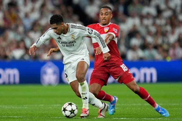Jamie Leweling of VfB Stuttgart and Jude Bellingham of Real Madrid CF Real Madrid v VFL Stuttgart, UEFA Champios League match, date 1. Football, Santiago Bernabeu Stadium, Madrid, Spain - 17 Sep 2024 Editorial use only  Copyright: xPressinphoto Shutterstockx 14725266m