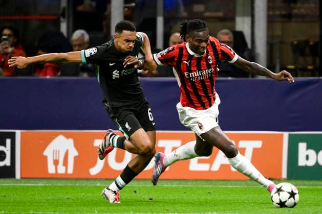 Trent Alexander-Arnold of Liverpool FC and Rafael Leao of AC Milan compete for the ball during the UEFA Champions League 2024 205 football match between AC Milan and Liverpool FC at San Siro stadium in Milano (Italy), September 17, 2024. AndreaxStaccioli