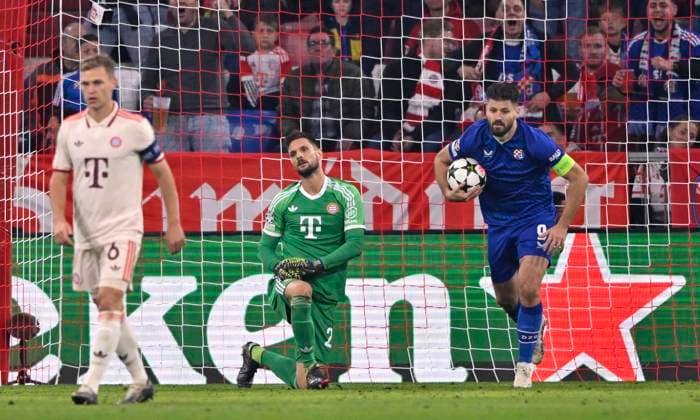 TOR zum 3:1 Bruno Petkovic GNK Dinamo Zagreb (09) gegen Torwart Sven Ulreich FC Bayern Muenchen FCB (26) Joshua Kimmich FC Bayern Muenchen FCB (06) FC Bayern Muenchen FCB vs GNK Dinamo Zagreb Spieltag 1 17.09.2024 DFL REGULATIONS PROHIBIT ANY USE OF PHOTOGRAPHS AS IMAGE SEQUENCES AND OR QUASI-VIDEO FC Bayern Muenchen FCB vs GNK Dinamo Zagreb