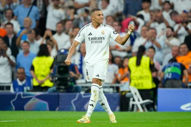 Real Madrid C.F. v VfB Stuttgart - UEFA Champions League 2024 25 League Phase MD1 Kylian Mbappe centre-forward of Real Madrid and France celebrates after scoring his sides first goal during the UEFA Champions League 2024 25 League Phase MD1 match between Real Madrid C.F. and VfB Stuttgart at Estadio Santiago Bernabeu on September 17, 2024 in Madrid, Spain. Madrid Spain  Copyright: xJosexBretonx originalFilename:bretonhernandez-realmadr240917_npxQu.jpg