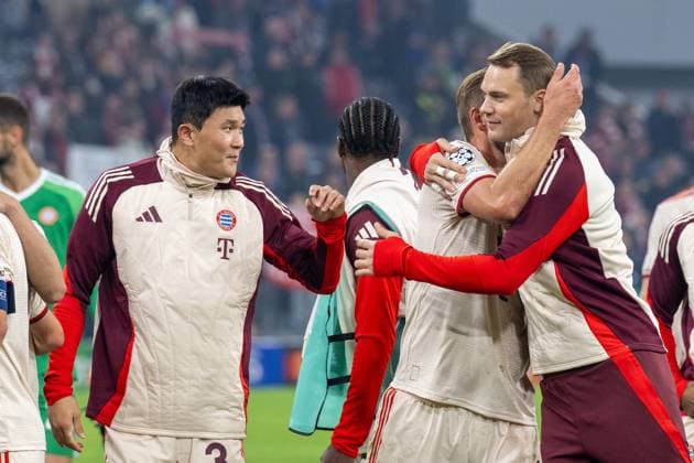 FC Bayern Muenchen feiern das 9:2 bei den Fans, uebergluecklich, ausgelassen. Minjae Kim 3 (FC Bayern Muenchen), Harry Kane 9 (FC Bayern Muenchen), Manuel Neuer 1 (FC Bayern Muenchen), FC Bayern Muenchen vs. GNK Dinamo Zagreb, Fussball, UEFA Champions League, 1. Spieltag, 17.09.2024 DFB regulations prohibit any use of photographs as image sequences and or quasi-video Muenchen Bayern Deutschland