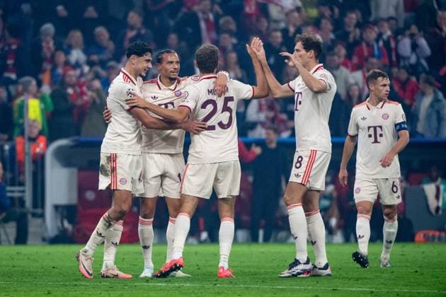 Aleksandar Pavlovic (FC Bayern Muenchen, 45), Leroy Sane (FC Bayern Muenchen, 10), Thomas Mueller (FC Bayern Muenchen, 25), Leon Goretzka (FC Bayern Muenchen, 08) jubeln ueber das Tor zum 9:2, GER, FC Bayern Muenchen vs. GNK Dinamo Zagreb, Fussball, Champions League, 1. Spieltag, Spielzeit 2024 2025, 17.09.2024 GER, FC Bayern Muenchen vs. GNK Dinamo Zagreb, Fussball, Champions League, 1. Spieltag, Spielzeit 2024 2025, 17.09.2024 Muenchen Copyright: xEibner-Pressefoto Memmlerx EP_MMR