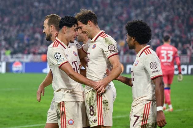 17.09.2024, Fussball, Champions League, 1. Spieltag, Saison 2024 2025, FC Bayern München - Dinamo Zagreb, Leon Goretzka (FC Bayern München) (r) freut sich über das Tor zum 9:2 mit Aleksandar Pavlovic (FC Bayern München) (l). xRHR-FOTO TKx Copyright: RHR-FOTOx RHR-FOTO TK