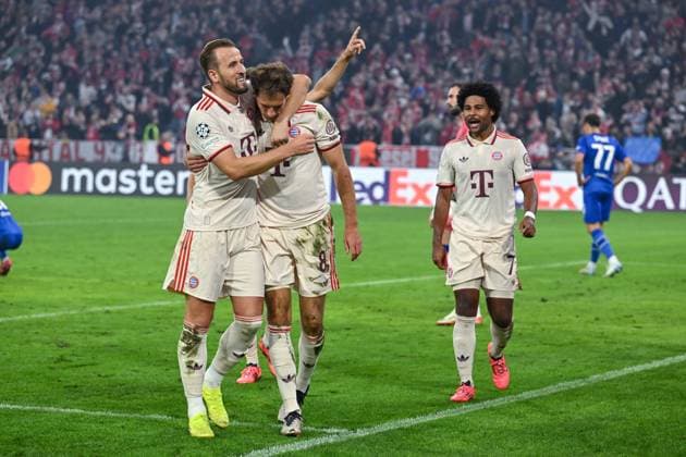 17.09.2024, Fussball, Champions League, 1. Spieltag, Saison 2024 2025, FC Bayern München - Dinamo Zagreb, Leon Goretzka (FC Bayern München) erzielt das Tor zum 9:2 und freut sich mit Harry Kane (FC Bayern München) (l) und Serge Gnabry (FC Bayern München) (r). xRHR-FOTO TKx Copyright: RHR-FOTOx RHR-FOTO TK