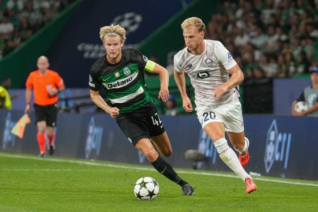 September 17, 2024, Lisbon, Portugal: Morten Hjulmand of Sporting CP (L) and Mitchel Bakker of Lille OSC (R) in action during the UEFA Champions League phase first match between Sporting CP and Lillie OSC at Estadio Jose Alvalade. Final score: Sporting CP 2:0 Lille OSC Lisbon Portugal - ZUMAs197 20240917_aaa_s197_358 Copyright: xBrunoxdexCarvalhox