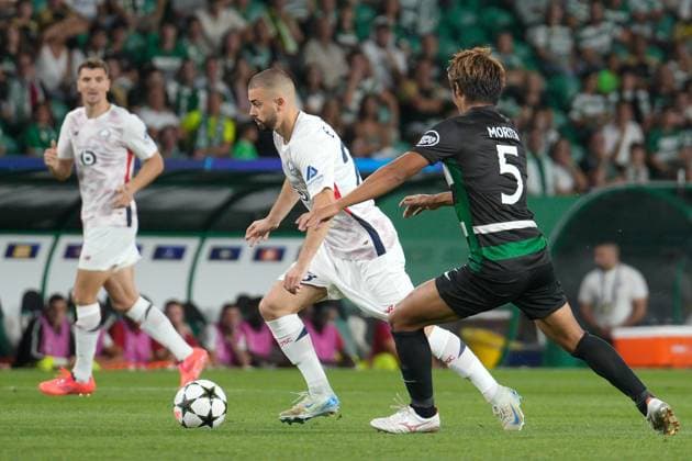 September 17, 2024, Lisbon, Portugal: Thomas Meunier of Lille OSC (L), Edon Zhegrova of Lille OSC (C) and Hidemasa Morita of Sporting CP (R) in action during the UEFA Champions League phase first match between Sporting CP and Lillie OSC at Estadio Jose Alvalade. Final score: Sporting CP 2:0 Lille OSC Lisbon Portugal - ZUMAs197 20240917_aaa_s197_363 Copyright: xBrunoxdexCarvalhox