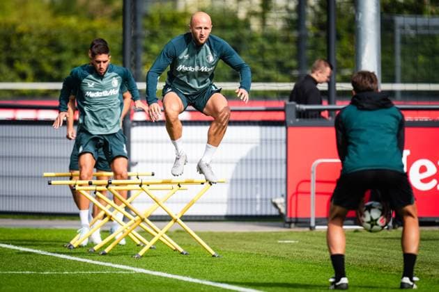 Champions League 2024-2025: training of Feyenoord Rotterdam - Gernot Trauner of Feyenoord during the training of Feyenoord in preparation of the Champions League duel against Bayer 04 Leverkussen at Trainingscomplex 1908 on 18 September 2024 in Rotterdam, The Netherlands. Copyright: xYannickxVerhoevenx