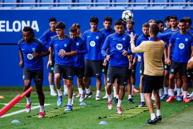 September 18, 2024, Sant Joan Despi, Barcelona, SPAIN: Pedro Gonzalez Pedri and Jule Kounde of FC Barcelona, Barca in action during the training sessions ahead UEFA Champions League, football match against AC Monaco at Ciudad Esportiva Joan Gamper on September 18, 2024 in Sant Joan Despi, Barcelona, Spain. Sant Joan Despi SPAIN - ZUMAa181 20240918_zaa_a181_090 Copyright: xJavierxBorregox