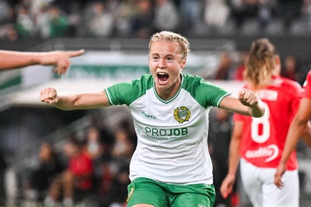STOCKHOLM 24-09-18 Hammarbys Julie Blakstad jublar efter sitt mal under onsdagens kval-match i andra omgangen i Women™s Champions League mellan Hammarby IF och Benfica Lissabon pa Tele2-Arena i Stockholm. Foto Harald Weidinger TT kod 11741