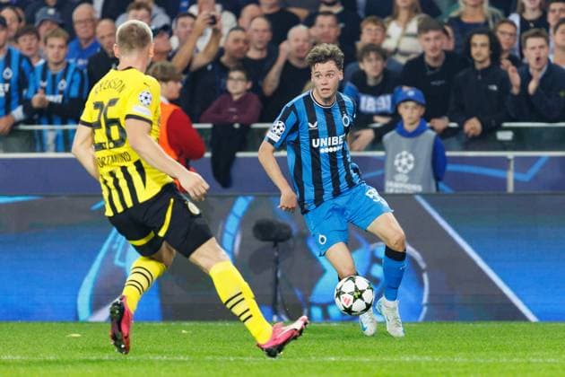 Borussia s Julian Ryerson and Club s Maxim De Cuyper fight for the ball during a soccer game between Belgian Club Brugge KV and German Borussia Dortmund, Wednesday 18 September 2024 in Brugge, on the day one of the UEFA Champions League league phase. KURTxDESPLENTER  x100916586x