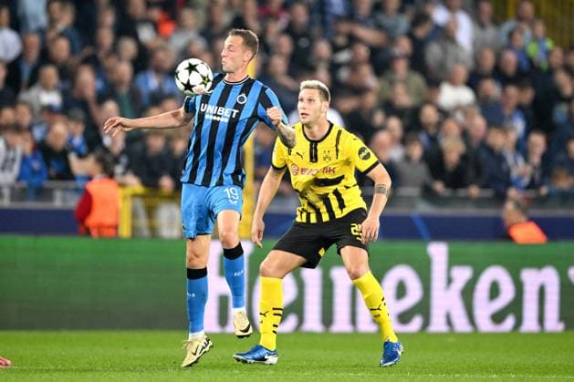BRUGGE - (l-r) Gustaf Nilsson of Club Brugge KV, Niklas Sule of Borussia Dortmund during the UEFA Champions League match between Club Brugge and Borussia Dortmund at the Jan Breydel Stadium on Sept. 18, 2024 in Bruges, Belgi . ANP Hollandse Hoogte UEFA Europa Champions League 2024 25 xVIxANPxSportx xGerritxvanxKeulenxIVx 508791731 originalFilename: 508791731.jpg