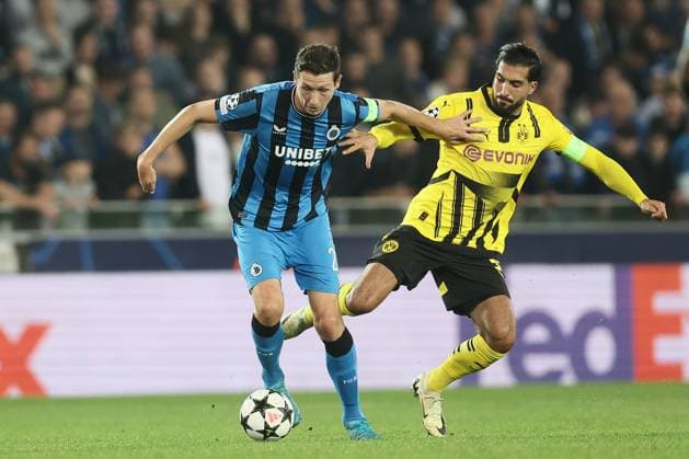 Club s Hans Vanaken and Borussia s Emre Can fight for the ball during a soccer game between Belgian Club Brugge KV and German Borussia Dortmund, Wednesday 18 September 2024 in Brugge, on the day one of the UEFA Champions League league phase. BRUNOxFAHY  x100917201x