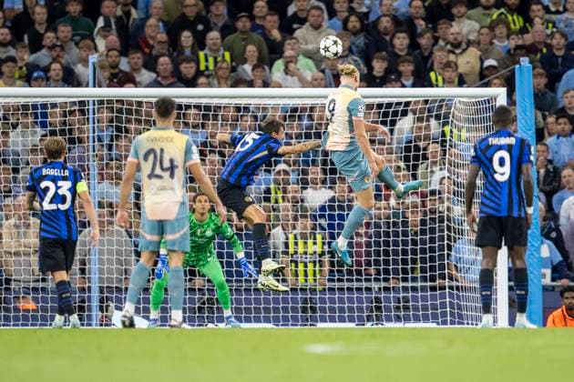 18th September 2024; Etihad Stadium, Manchester, England; UEFA Champions League Football, Manchester City versus Inter Milan; Erling Haland of Manchester City heads the ball  ActionPlus12694305 TimxWilliams