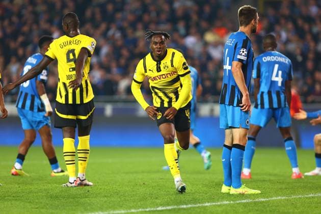 Jamie Bynoe-Gittens 43 (Borussia Dortmund) feiert seinen Tor zum 0:2. Club Brugge vs. Borussia Dortmund, UEFA Champions League, Fussball, 1. Spieltag, Saison 2024 2025, 18.09.2024 FOTO: kolbert-press Ant Palmer Jan Breydel Stadion Belgien