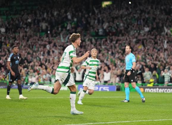 Arne Engels of Celtic scores from the penalty spot to give Celtic a 3-0 lead after Danylo Ihnatenko of Slovan Bratislava kicked Alistair Johnston of Celtic instead of the ball inside the Bratislava penalty area. Celtic v Slovan Bratislava, UEFA Champions League, Group Stage, Football, Celtic Park, Glasgow, Scotland, UK, 18 Sep 2024 EDITORIAL USE ONLY No use with unauthorised audio, video, data, fixture lists, club league logos or live services. Online in-match use limited to 120 images, no video emulation. No use in betting, games or single club league player publications. Copyright: xStuartxWallace Shutterstockx 14722221aj